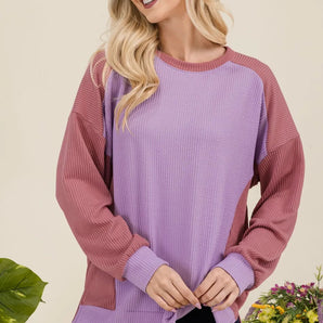 Celeste Full Size High-Low Contrast Round Neck Sweatshirt