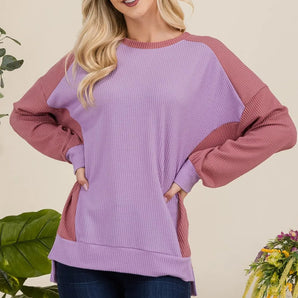 Celeste Full Size High-Low Contrast Round Neck Sweatshirt