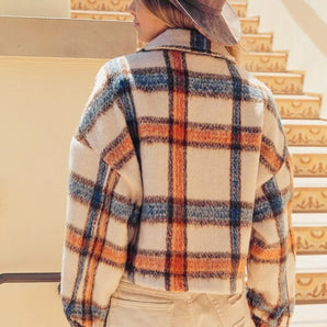 BiBi Brushed Plaid Crop Jacket With Pockets