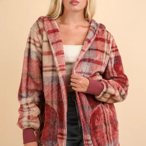 VERY J Fuzzy Plaid Long Sleeve Hooded Jacket