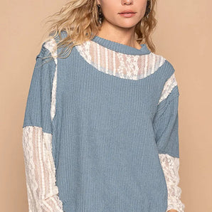 POL Lace Panel Round Neck Long Sleeve Top