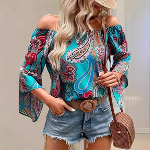 Printed Off-the-shoulder Women's Shirt Elegant Ruffle Sleeve Printed Blouse Sexy