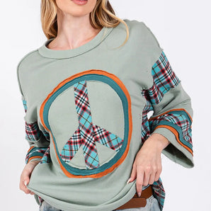 SAGE  FIG Peace Applique Patch Contrast Plaid Top